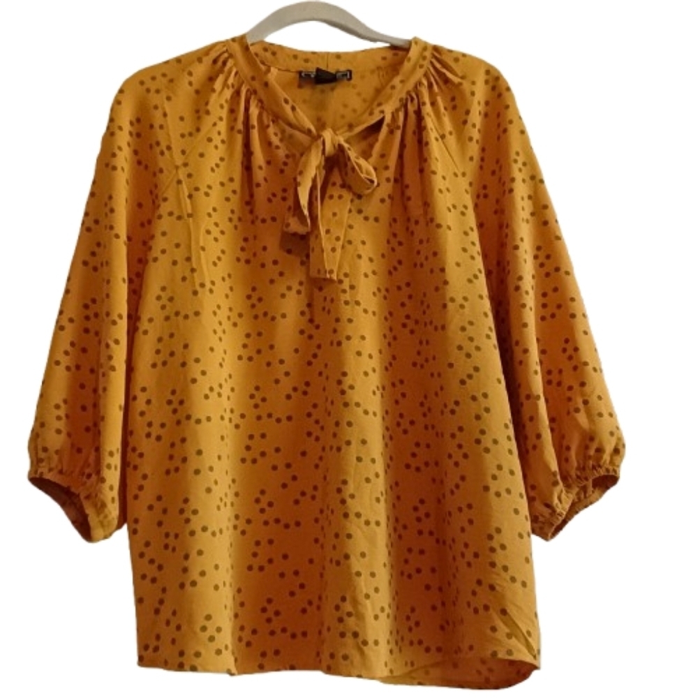 NYCC Women's Mustard Yellow Polka Dot Peasant Blouse Size Large 3/4 Sleeve Boho